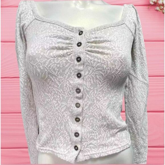 Free People Womens Top Size XS Ivory Textured Cropped Leaf Print‎ - Picture 1 of 8